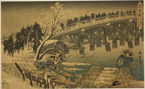 Akt 11, część 1: Podejście do nocnego ataku (Juichidanme ichi, yochi oshiyose), z serialu „Zemsta lojalnych podwładnych (Chushingura)” autorstwa Utagawa Hiroshige