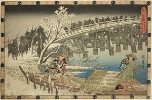 Akt 11, część 1: Podejście do nocnego ataku (Juichidanme ichi, yochi oshiyose), z serialu „Zemsta lojalnych podwładnych (Chushingura)” autorstwa Utagawa Hiroshige