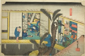 Akasaka: Kelnerki w gospodzie (Akasaka, ryosha shofu no zu), z serii „Pięćdziesiąt trzy stacje Tokaido (Tokaido gojusan tsugi no uchi),” znanej również jako Hoeido Tokaido autorstwa Utagawa Hiroshige