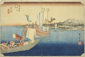 Arai: Widok promów (Arai, watashibune no zu), z serii „Pięćdziesiąt trzy stacje Tokaido (Tokaido gojusan tsugi no uchi),”, znany również jako Hoeido Tokaido autorstwa Utagawa Hiroshige
