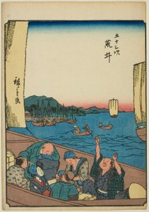 pranie, z serii „pięćdziesiąt trzy dźwięki tachi” „miejskości” (obok głównej góry), „) autorstwa Utagawa Hiroshige