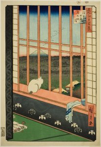Asakusa lycee Fie lds plan d miasta feschival (wymienione jest również miasto łowienia pól ryżowych Asakusa), z serii „Ridge d red fa net views f Edo (słynne miejsce 100 widoków Edo)” autorstwa Utagawa Hiroshige