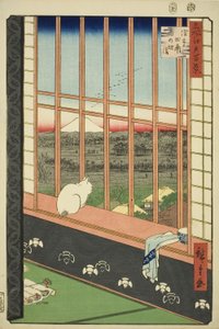 Asakusa lycee Fie lds plan d miasta feschival (wymienione jest również miasto łowienia pól ryżowych Asakusa), z serii „Ridge d red fa net views f Edo (słynne miejsce 100 widoków Edo)” autorstwa Utagawa Hiroshige