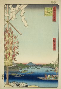 Asakusa River, Gleat River Version, Miya and River (Asakusa River Okawabata Miyato River), z serii „Ridge” Sto widoków Edo) autorstwa Utagawa Hiroshige