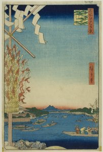Rzeka Asakusa, wielki brzeg rzeki, rzeka Miyato (Asakusagawa Okawabata Miyatogawa), z serii "Sto słynnych widoków Edo (Meisho Edo hyakkei)". autorstwa Utagawa Hiroshige