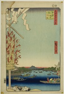 Rzeka Asakusa, wielki brzeg rzeki, rzeka Miyato (Asakusagawa Okawabata Miyatogawa), z serii "Sto słynnych widoków Edo (Meisho Edo hyakkei)". autorstwa Utagawa Hiroshige