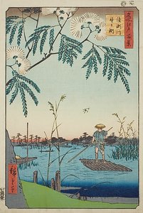 Rzeka Ayase i Kanegafuchi (Ayasegawa Kanegafuchi), nr 63 z serii "Sto słynnych widoków Edo (Meisho Edo hyakkei)". autorstwa Utagawa Hiroshige