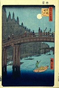 Nabrzeże Bambusowe przy moście Kyobashi. Sto słynnych widoków Edo, c. 1858 autorstwa Utagawa Hiroshige