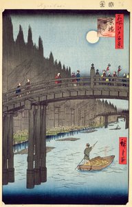 Bamboo Yards, Kyobashi Bridge, nr 76 ze Stu widoków Edo, okres Edo, Ansei Era, wydanie 1857 (kolorowy drzeworyt) autorstwa Utagawa Hiroshige