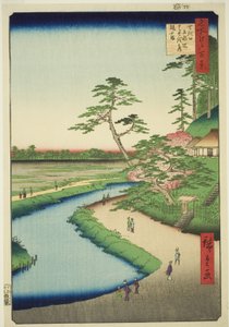 Chata Basho na wzgórzu kameliowym obok akwadu w Sekiguchi (Sekiguchi josui-bata Bashoan Tsubakiyama), z serii "Sto słynnych widoków Edo (Meisho Edo hyakkei)". autorstwa Utagawa Hiroshige