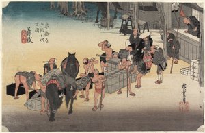 Przemiana tragarzy i konie, Fujieda, c. 1833