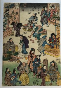 Postacie z sztuk teatralnych w rolach kupców i klientów, z serii „Zamożna dzielnica Jōruri” autorstwa Utagawa Hiroshige