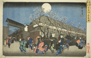 Wiśniowe kwiaty nocą na Nakanocho w Yoshiwara (Yoshiwara Nakanocho yozakura), z serii „Słynne miejsca we wschodniej stolicy (Toto meisho)” autorstwa Utagawa Hiroshige