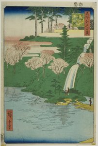Staw Chiyogaike, Meguro (Meguro Chiyogaike), z serii "Sto słynnych widoków Edo (Meisho Edo hyakkei)" autorstwa Utagawa Hiroshige
