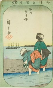 Kopanie małży podczas odpływu w Shinagawa (Shinagawa shiohigari), fragment arkusza z serii „Wycinane obrazy znanych miejsc w Edo (Edo meisho harimaze zue)” autorstwa Utagawa Hiroshige