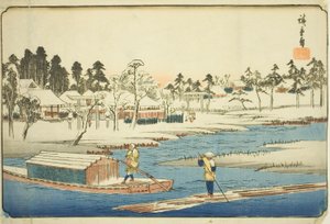 Bezchmurna pogoda po śniegu w Massaki (Massaki yukibare no zu), z serii „Słynne miejsca we wschodniej stolicy (Toto meisho)” autorstwa Utagawa Hiroshige