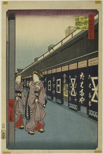 Cotton-goods Lane, Odenma-cho (Odenma-cho momendana), z serii "Sto słynnych widoków Edo (Meisho Edo hyakkei)". autorstwa Utagawa Hiroshige