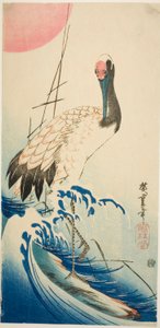 Żuraw, fale i wschodzące słońce autorstwa Utagawa Hiroshige