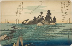 Zstępujące gęsi w Haneda (Haneda no rakugan), z serii „Osiem widoków w okolicach Edo (Edo kinko hakkei no uchi)” autorstwa Utagawa Hiroshige