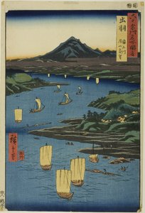 Prowincja Dewa: Mogami River and a Distant View of Mount Gassan (Dewa, Mogamigawa, Gassan enbo), z serii "Famous Places in the Sixty-odd Provinces (Rokujuyoshu meisho zue)". autorstwa Utagawa Hiroshige