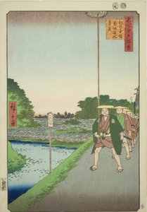 Odległy widok na zbiornik Akasaka ze zbocza Kinokuni (Kinokunizaka Akasaka Tameike enkei), z serii „Sto słynnych widoków Edo (Meisho Edo hyakkei)” autorstwa Utagawa Hiroshige