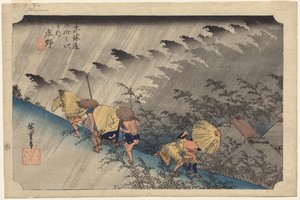 Padający deszcz w Shono (stacja 46) z serii Pięćdziesiąt trzy stacje Tokaido autorstwa Utagawa Hiroshige