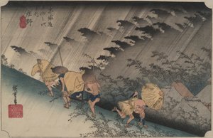 Driving Rain at Shono, z serii Pięćdziesiąt trzy stacje Tokaido autorstwa Utagawa Hiroshige