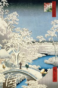Drum bridge i Setting Sun Hill w Meguro, z cyklu „100 widoków Edo”, wyd. Uoya Eikichi, 1857, (rozmiar oban, kolorowy drzeworyt)