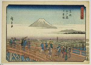 Most Edo i most Nihon we wschodniej stolicy (Toto Edobashi Nihonbashi), z cyklu „Trzydzieści sześć widoków na górę Fuji (Fuji sanjurokkei)” autorstwa Utagawa Hiroshige