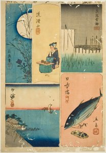Most Eitai, most Nihon, Susaki, ogród kwiatowy i wzgórze Dokan (Eitaibashi, Nihonbashi, Susaki, Hanayashiki, Dokanyama) z cyklu „Wycinanki ze słynnych miejsc w Edo (Harimaze Koto meisho)” autorstwa Utagawa Hiroshige