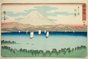 Ejiri — nie. 19, z serii „Pięćdziesiąt trzy stacje Tokaido (Tokaido gojusan tsugi),” znanej również jako Reisho Tokaido autorstwa Utagawa Hiroshige