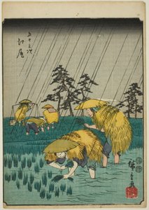 Ejiri, z serii „pięćdziesiąt trzy brzmienia Stachi” „miejskości” (następna goshuyama) autorstwa Utagawa Hiroshige