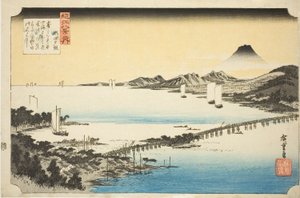 Wieczorna poświata na moście Seta (Seta no sekisho), z serii „Osiem widoków Omi (Omi hakkei no uchi)” autorstwa Utagawa Hiroshige
