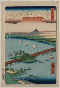 Wieczorna poświata w Seta, z serii Osiem widoków Ōmi autorstwa Utagawa Hiroshige
