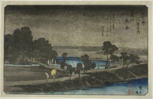 Wieczorny deszcz w świątyni Azuma (Azuma no mori yau), z serii „Osiem widoków w okolicach Edo (Edo Kinko hakkei no uchi)” autorstwa Utagawa Hiroshige