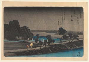 Wieczorny deszcz w Azumi no Mori, ok.1838 (kolorowy drzeworyt) autorstwa Utagawa Hiroshige