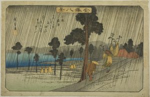 Wieczorny deszcz w Koizumi (Koizumi yau), z serii „Osiem widoków Kanazawy (Kanazawa hakkei)” autorstwa Utagawa Hiroshige