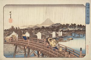 Wieczorny prysznic na moście Nihonbashi, z miejsc celebrowanych wschodniej stolicy 1832 (kolorowy nadruk w drewnie) autorstwa Utagawa Hiroshige