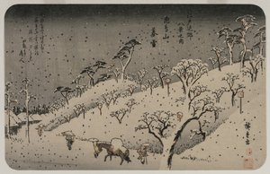 Wieczorny śnieg na wzgórzu Asuka, z serii Osiem widoków na okolice Edo, ok. 1900. 1837-38. autorstwa Utagawa Hiroshige