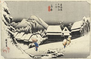 Wieczorny śnieg w Kambara, nr 16 z 53 stacji Tokaido, wyd. Hoeido, 1833, (rozmiar oban, yoko-e - format poziomy, drzeworyt kolorowy) autorstwa Utagawa Hiroshige