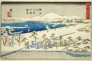 Wieczorny śnieg w Mimeguri, Osiem widoków rzeki Sumida (Sumidagawa hakkei, Mimeguri bosetsu), z cyklu „Słynne miejsca we wschodniej stolicy (Toto meisho no uchi)” autorstwa Utagawa Hiroshige