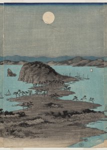 Wieczorny widok na osiem słynnych miejsc w pobliżu Kanazawy podczas pełni księżyca w prowincji Musashi autorstwa Utagawa Hiroshige