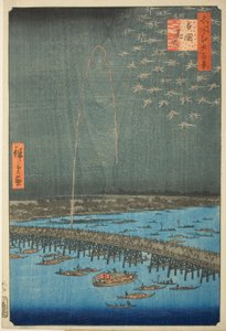 Fajerwerki w Ryōgoku (Ryōgoku hanabi), z serii Sto słynnych widoków Edo (Meisho Edo hyakkei) autorstwa Utagawa Hiroshige