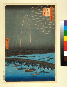 Fajerwerki w Ryogoku z serii „Sto słynnych widoków Edo” (kolorowy drzeworyt)