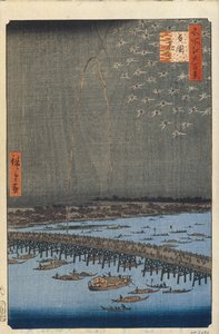 Fajerwerki przy moście Ryogoku Sto słynnych widoków Edo, 1856-1858 autorstwa Utagawa Hiroshige