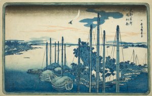 Pierwsza Kukułka Roku na wyspie Tsukuda (Tsukudajima, hatsu hototogisu) z serii „Słynne widoki na wschodnią stolicę (Toto Meisho)” autorstwa Utagawa Hiroshige