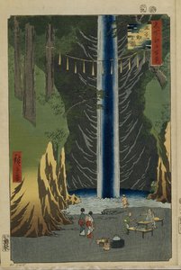 Fudo Falls w Oji Sto słynnych widoków Edo, 1856-1858 autorstwa Utagawa Hiroshige