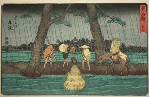 Fujieda — nie. 23, z serii „Pięćdziesiąt trzy stacje Tokaido (Tokaido gojusan tsugi),” znanej również jako Reisho Tokaido autorstwa Utagawa Hiroshige