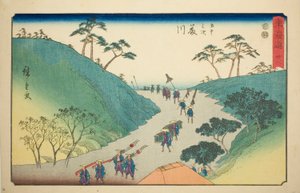 Fujikawa—z. 38, z serii „Pięćdziesiąt trzy dźwięki Stachi s stopnia miejskiego (stopień miejski obok głównej góry)” autorstwa Utagawa Hiroshige