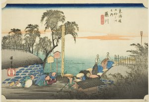 Fujikawa: Widok na przedmieścia poczty (Fujikawa, bohana no zu), z serii „Pięćdziesiąt trzy stacje Tokaido (Tokaido gojusan tsugi no uchi),” znany również jako Hoeido Tokaido autorstwa Utagawa Hiroshige